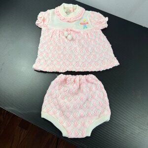 Vintage Soft Spun Knit Pink Baby Dress & Bloomers Set Made in Japan 6-12 months